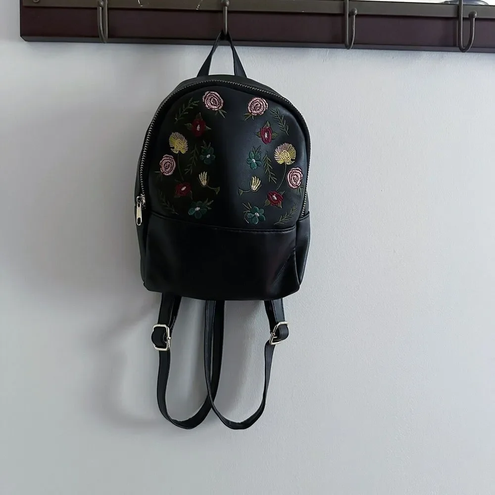 Small Mini Floral Faux Leather Black Backpack Art Inspo Embroidered‎ Flowers